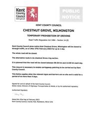 Urgent Road Closure - Chestnut Grove, Wilmington - 27th February 2023 (Dartford)